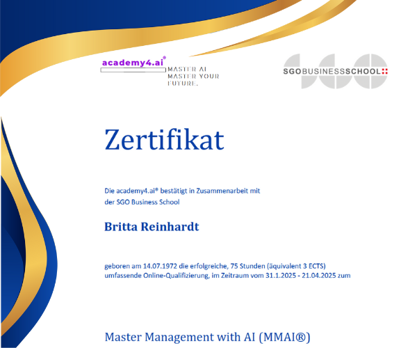 Zertifikat Britta Reinhardt Ausbildung Master Management with AI